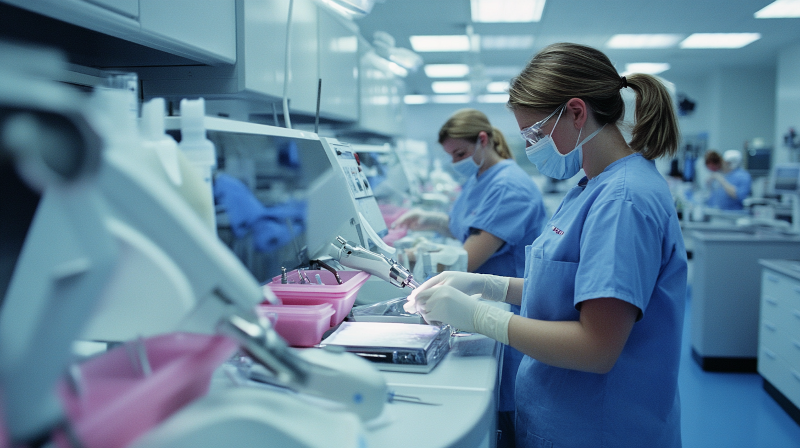 lab workers cleaning equipment
